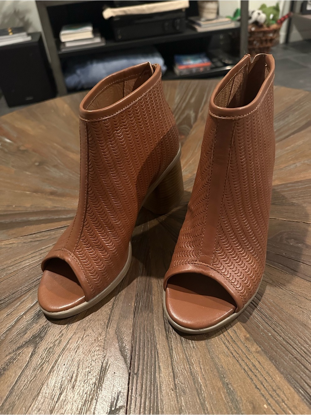 Women's Tan Peep-Toe Block Heel Ankle Boots